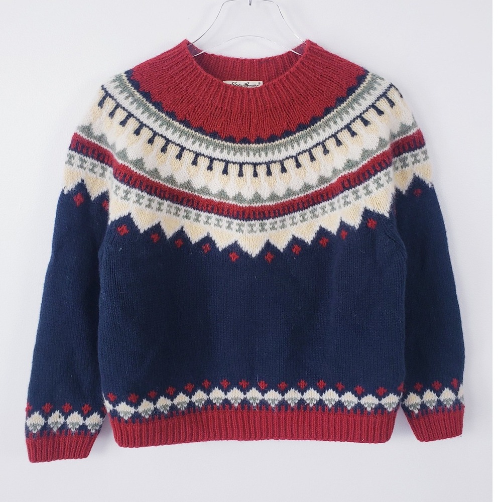 Eddie Bauer Fair Isle Wool Sweater Navy Blue Red Crewneck Womens Petite Medium